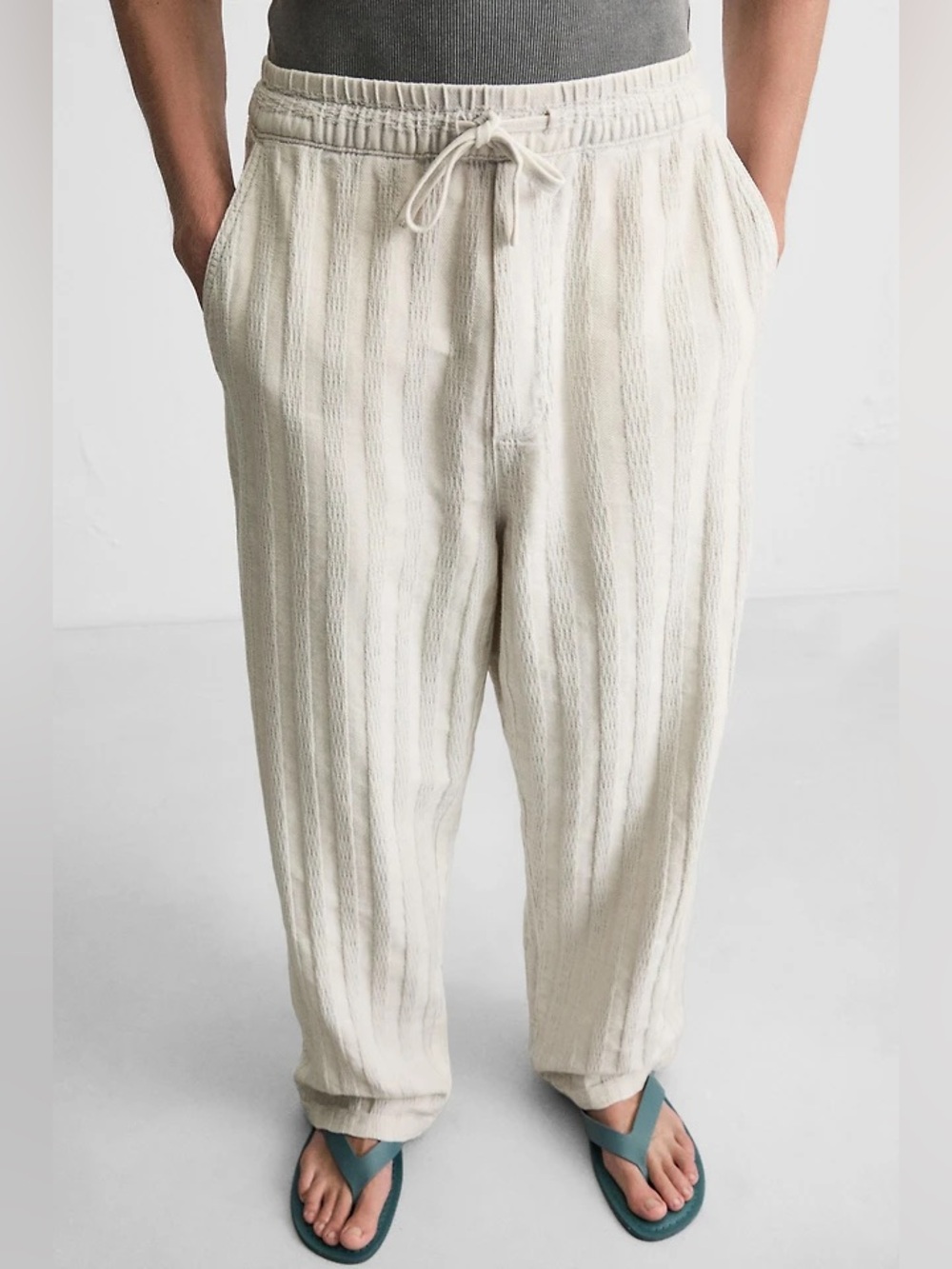 NWT ZARA Men’s Jacquard Relaxed Fit Pants Large Gray Woven Cotton Striped Summer